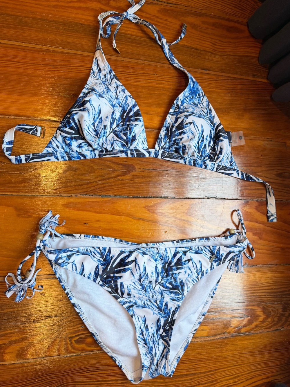 SR Triangle Tie-Back Bikini Set in Blue Leaf Print